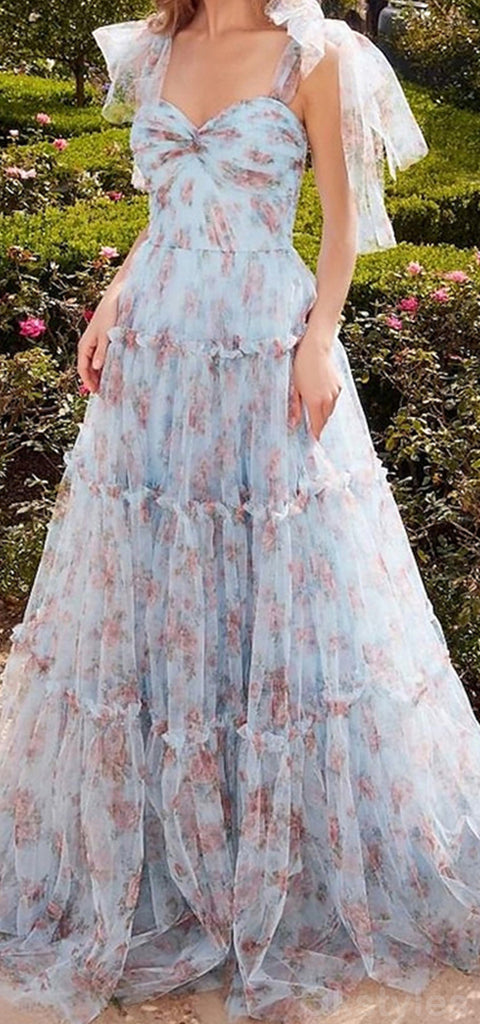 Elegant Straps A-line Tulle Flowers Long Evening Prom Dresses Online, OT146