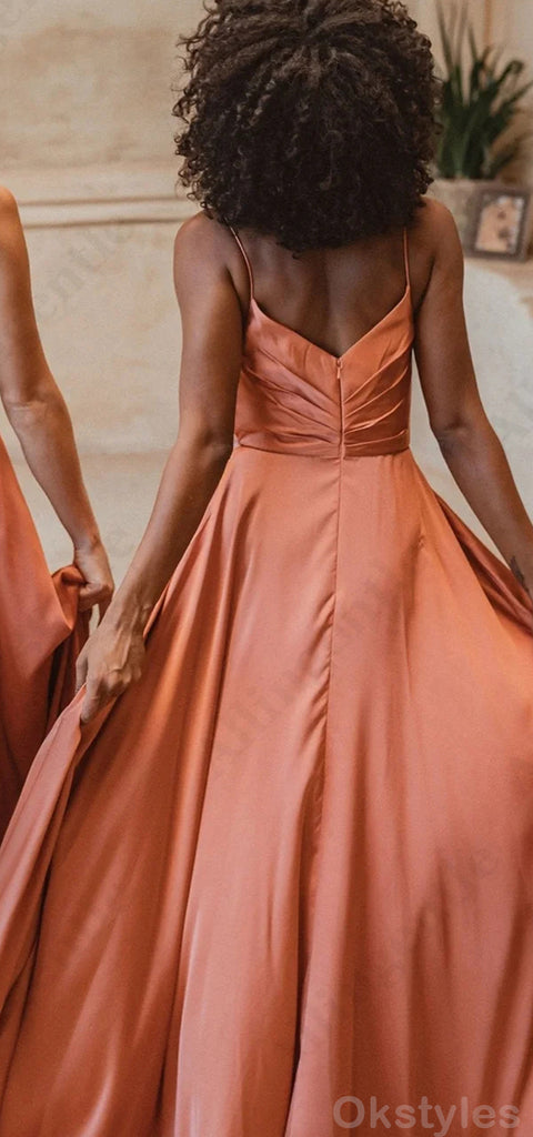 Elegant A-line V-neck Spaghetti Straps Side Slit Satin Bridesmaid Dresses Online, OT529