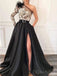 Elegant Long Sleeve One Shoulder A-line Illusion Long Prom Dresses with Side Slit, OT231