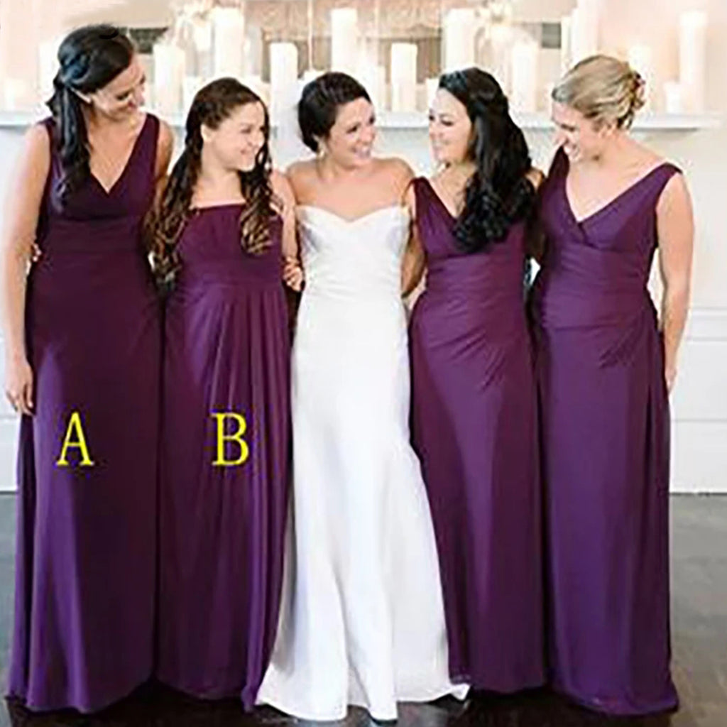 Mismatched V-neck Straight A-line Jersey Long Bridesmaid Dresses Online, OT519
