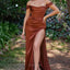 Elegant Off the Shoulder Mermaid Side Slit Burnt Orange Bridesmaid Dresses Online, OT531