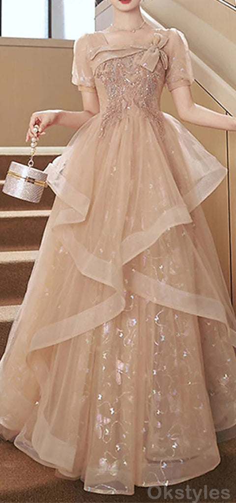 Elegant Short Sleeves Applique A-line Tulle Long Evening Prom Dresses Online, OT147