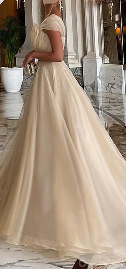 Elegant Off the Shoulder A-line Tulle Champagne Evening Prom Dresses Online, OT136