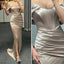 Elegant Off the Shoulder Mermaid Front Slit Taupe Satin Bridesmaid Dresses Online, OT534