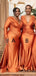 Mismatched One Shoulder V-neck Mermaid Papaya Long Satin Bridesmaid Dresses Online, OT525