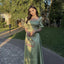 Modest A-line Dusty Sage Long Satin Bridesmaid Dresses Online, OT526