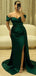 Elegant Mermaid Off the Shoulder Side Slit Dark Green Satin Bridesmaid Dresses Online, OT528