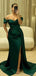 Elegant Mermaid Off the Shoulder Side Slit Dark Green Satin Bridesmaid Dresses Online, OT528