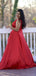 Elegant One Shoulder A-line Side Slit Red Satin Long Bridesmaid Dresses Online, OT517