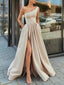 Elegant Champagne One Shoulder Sleeveless A-line Long Prom Dresses with Side Slit, OT252