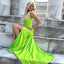 Simple Spaghetti Straps V-neck Side Slit Lime Green Long Bridesmaid Dresses Online, OT507