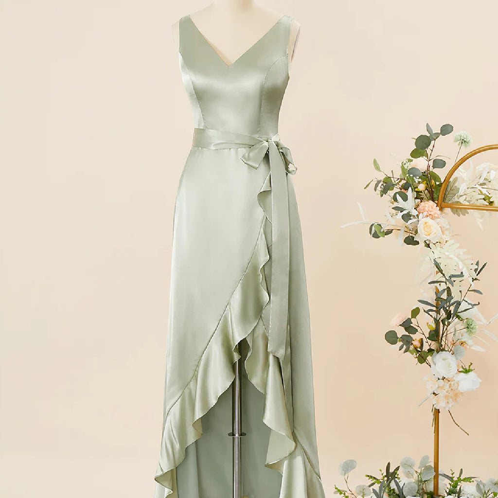 Modest V-neck Sleeveless A-line Sage Satin Bridesmaid Dresses Online, OT634