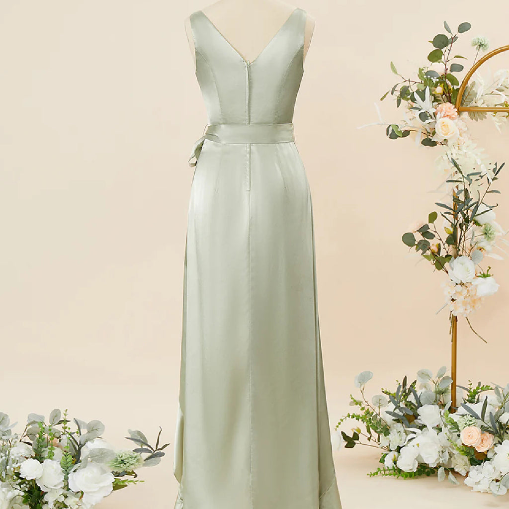 Modest V-neck Sleeveless A-line Sage Satin Bridesmaid Dresses Online, OT634