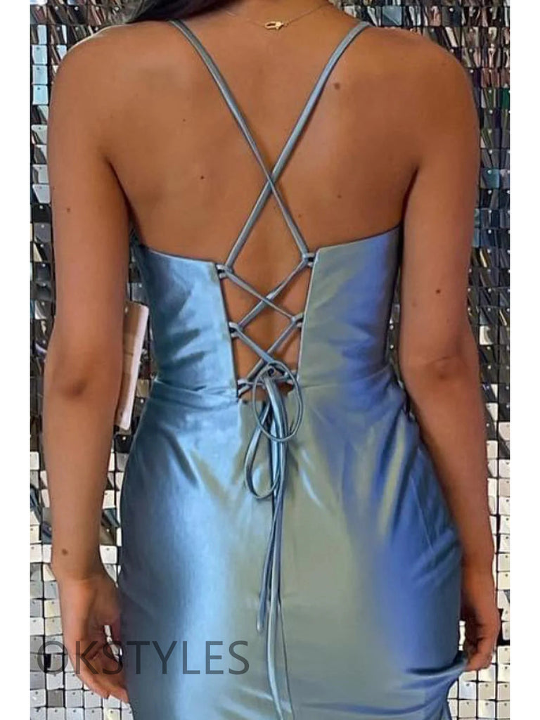 Mermaid Spaghetti Strap Lace Up Pleats Long Prom Dresses, OT139