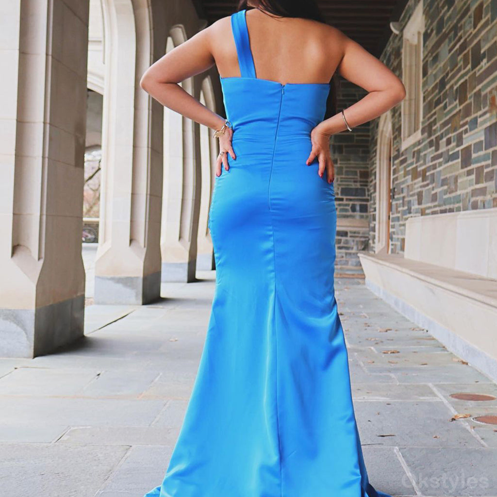 Elegant One Shoulder Mermaid Blue Long Bridesmaid Dresses With Split,  BD0616