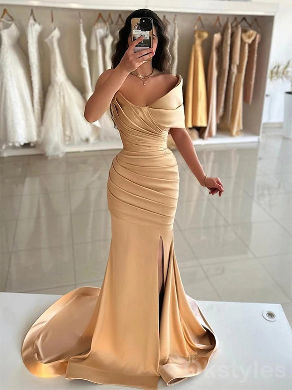 Elegant One Shoulder Sleeveless Mermaid Orange Evening Prom Dresses with Side Slit, OT143