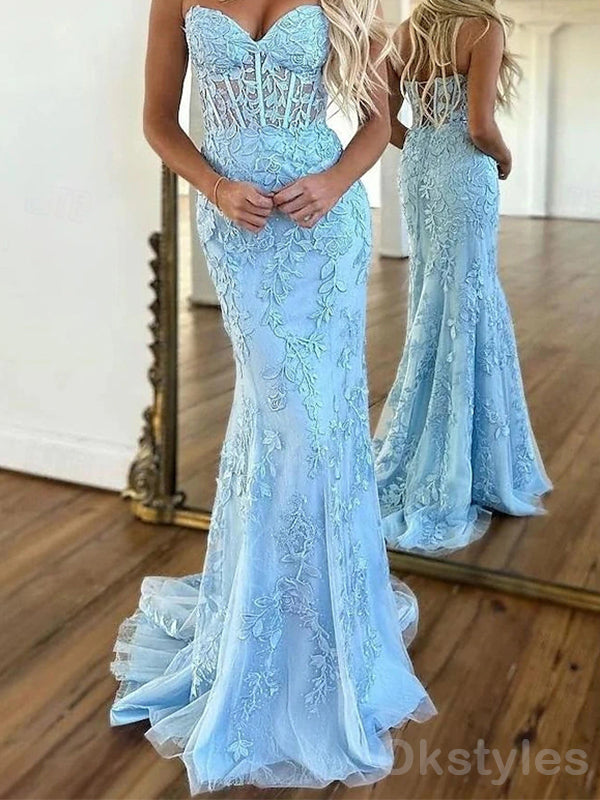 Elegant Mermaid Sweetheart Sleeveless Tulle Evening Prom Dresses Online, OT145