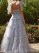 Elegant Straps A-line Tulle Flowers Long Evening Prom Dresses Online, OT146