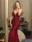 New Arrival Spaghetti Straps V-neck Mermaid Long Burgundy Prom Dresses Online, OT049
