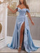Elegant Off the Shoulder Mermaid Side Slit Sky Blue Evening Prom Dresses Online, OT150