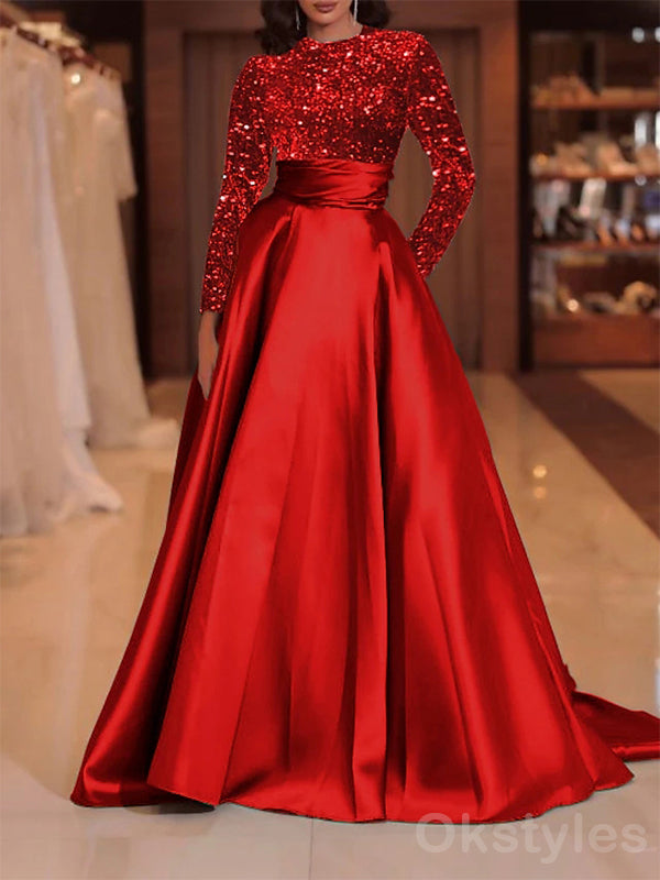 Sparkly Long Sleeves A-line Sequins Satin Burgundy Evening Prom Dresses Online, OT153