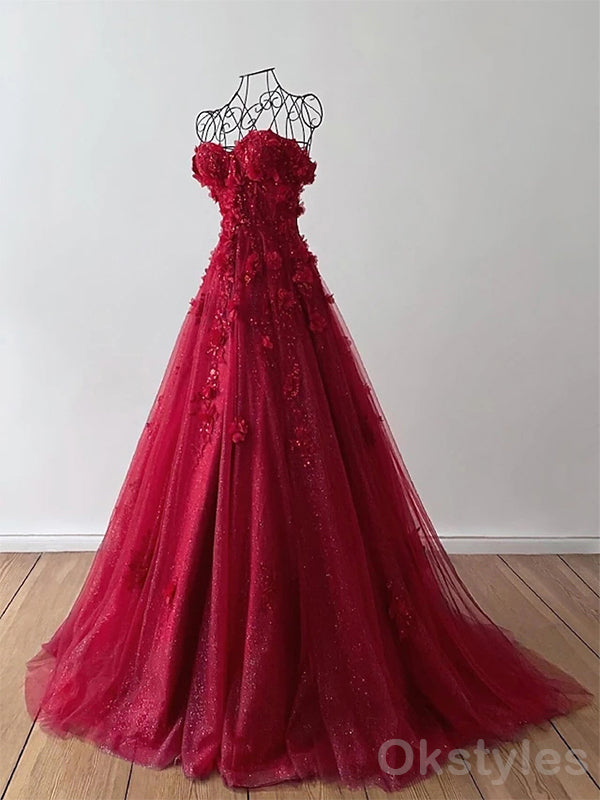 Elegant Sweetheart A-line Applique Tulle Buegundy Evening Prom Dresses Online, OT156