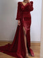 Elegant  Long Sleeves Mermaid V-neck Sequins Burgundy Long Evening Prom Dresses with Side Slit, OT159