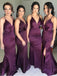 Satin V-Neck Lace-Up Side-Slit Floor Length Bridesmaid Dresses, OT284
