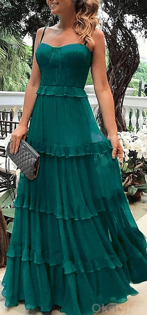 Elegant Spaghetti Straps A-line Tulle Emerald Long Prom Dresses Online, OT240