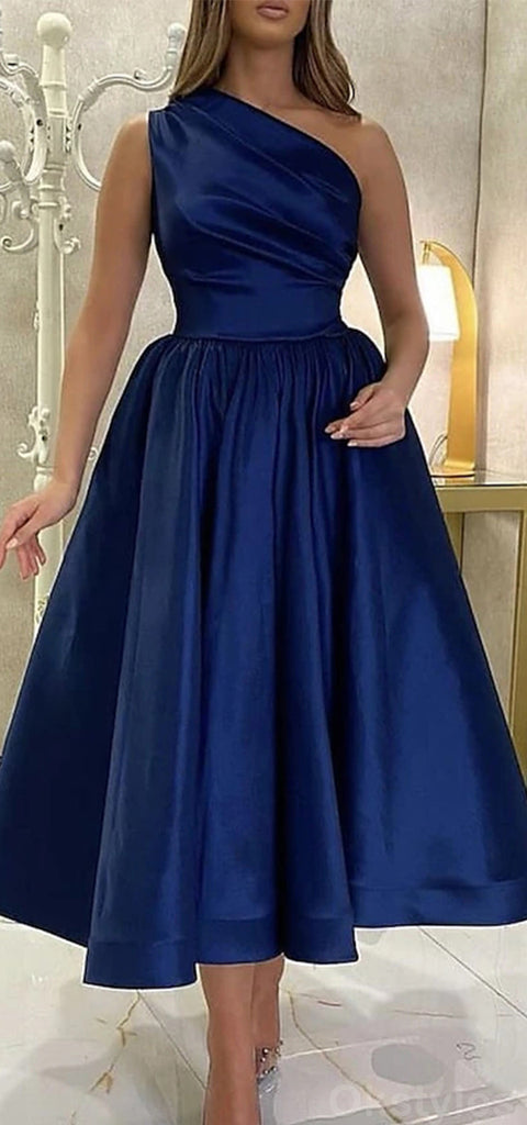 Simple One Shoulder Sleeveless Tea Length Royal Blue Long Prom Dresses, OT249