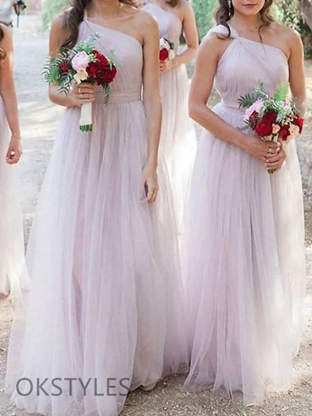Tulle A-Line One-Shoulder Floor Length Bridesmaid Dresses, OT276