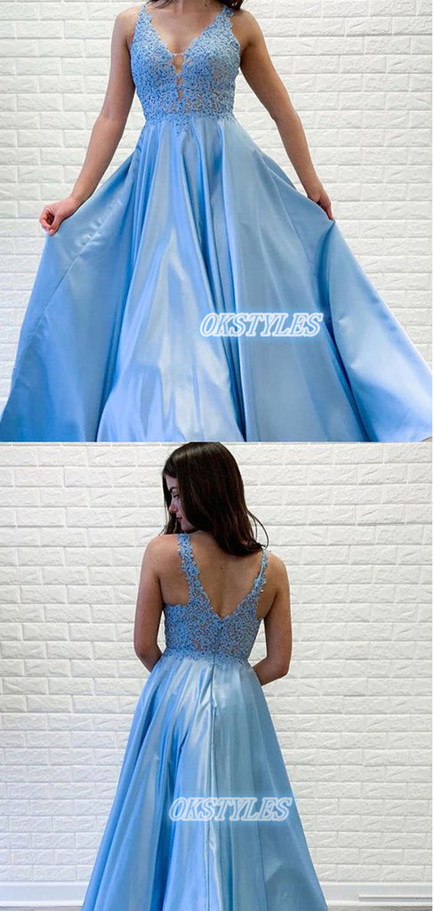 Beautiful A-Line Lace V-neck Sleeveless Floor-length Prom Dresses, OL003