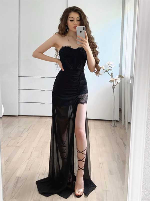Strapless Black Lace Formal Evening Bridesmaid Dresses, BG147