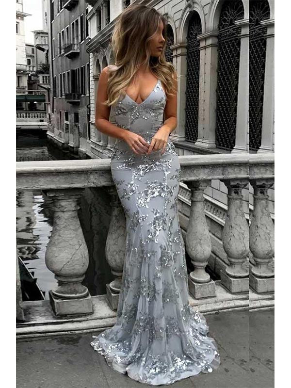 Mermaid Deep V-neck Sweep Train Grey Tulle Prom Dress Evening Dress OL590