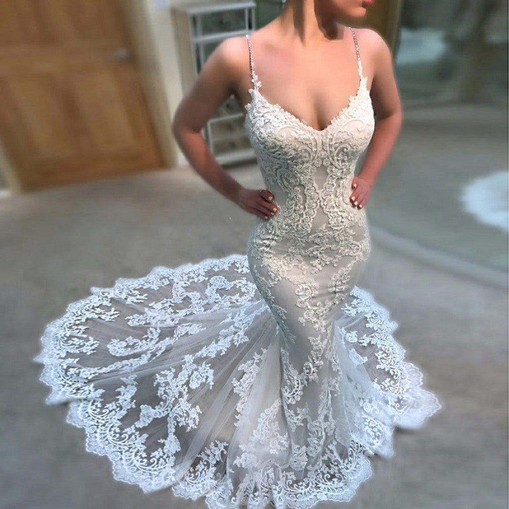 New Arrival Mermaid Lace Appliques Spaghetti Straps Backless Sexy Beach Wedding Dress , WD0350