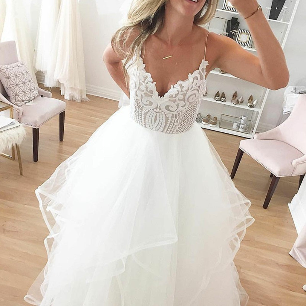 A-Line Floor-Length Sexy Spaghetti Straps V-neck Backless Wedding dresses , WD0380