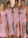 Pink V-neck Side Spit Unique Floor-Length Bridesmaid Dresses, BG055