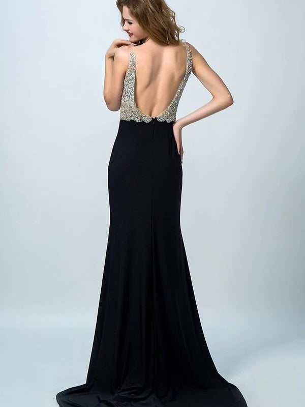 Sparkly V-neck Backless Beaded Prom Dress with Side Split, OL394