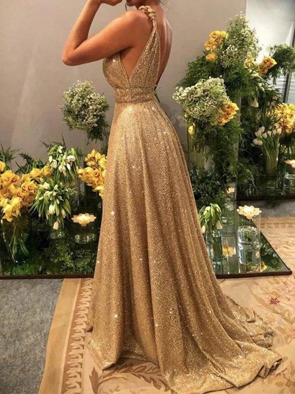 Charming Gold Sequins V-neck Backless Prom Dress, OL402