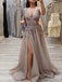 Gray V-neck Tulle Lace Long Prom Dress, OL420