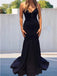 Elegant Lace Up Mermaid Halter Navy Blue Prom Dress, OL422