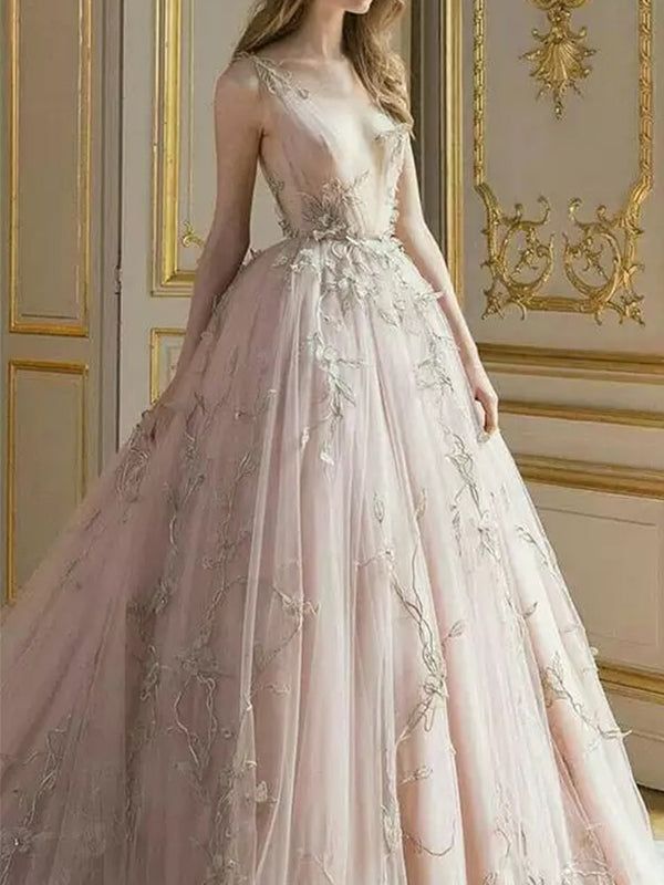 Elegant V-neck A-line Tulle Applique Prom Dress, OL441