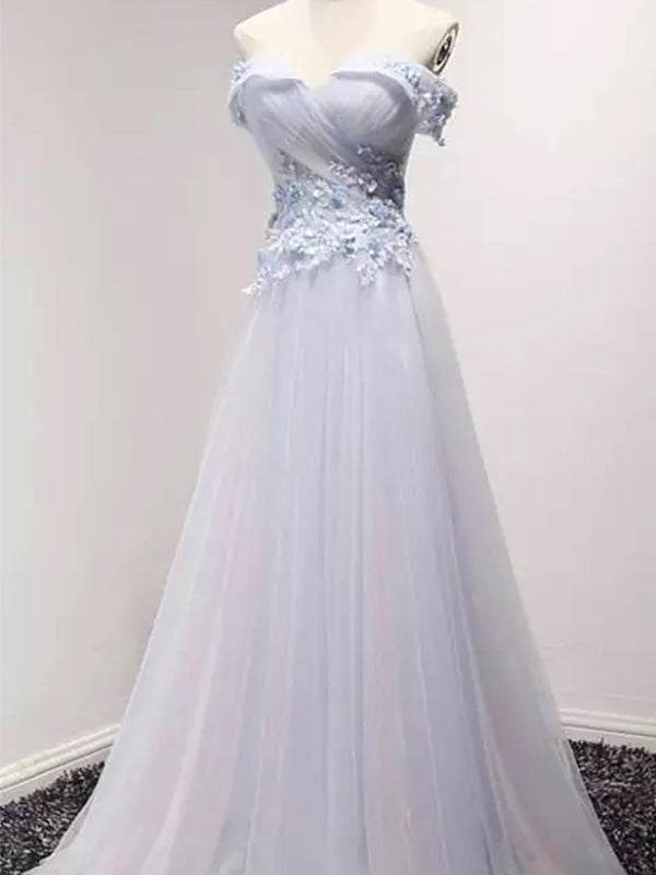 Light Blue A-line Off Shoulder Long Applique Prom Dress, OL449