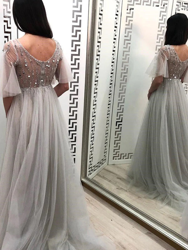 A-line V-neck Beaded Grey Tulle Long Prom Dress, OL519