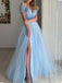 Blue Off Shoulder V-neck Prom Dress with Side Slit, OL525