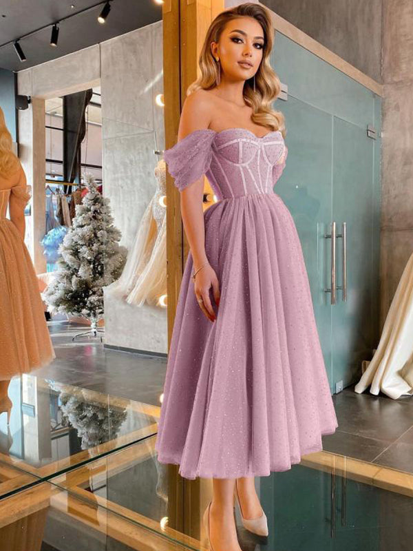 Elegant Off Shoulder Tulle Midi Prom Dress, OL532