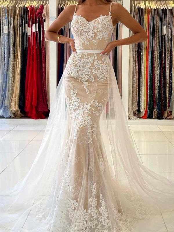 Elegant Spaghetti Straps Tulle White Applique Prom Dress, OL569