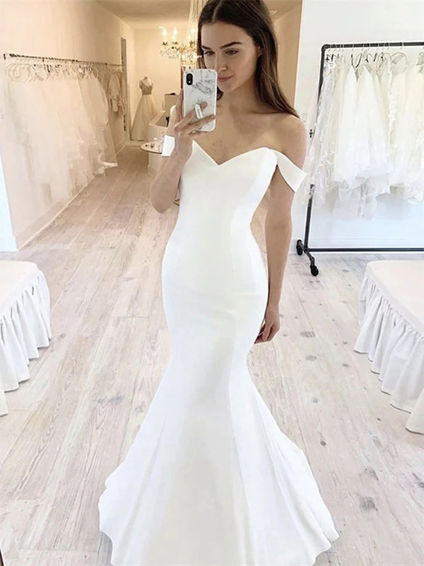 Off Shoulder White Mermaid Wedding Dress, WD0448