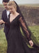 Black A-line V-neck Long Sleeves Wedding Dress, WD0474