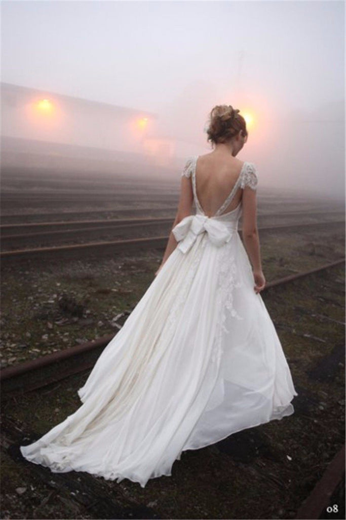 Elegant Sevy V-neck Backless Cap sleeves Chiffon Wedding Dresses With Train, WD0371